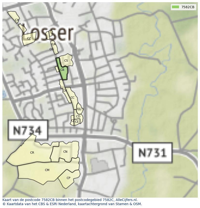 Afbeelding van het postcodegebied 7582 CB op de kaart.