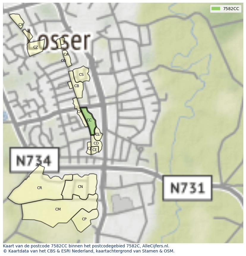 Afbeelding van het postcodegebied 7582 CC op de kaart.