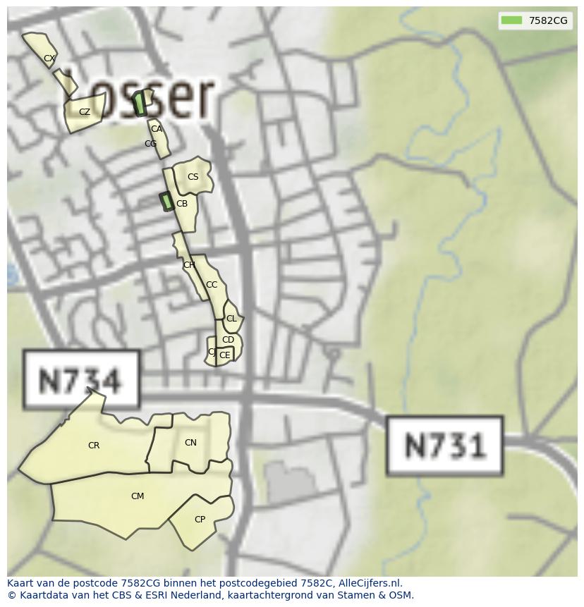 Afbeelding van het postcodegebied 7582 CG op de kaart.