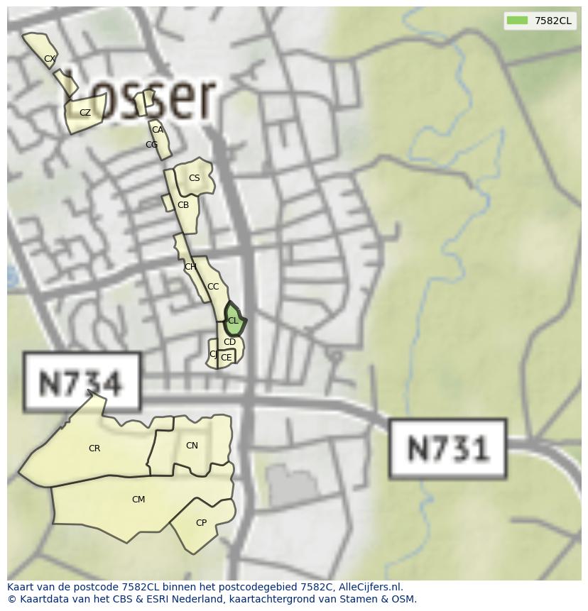 Afbeelding van het postcodegebied 7582 CL op de kaart.