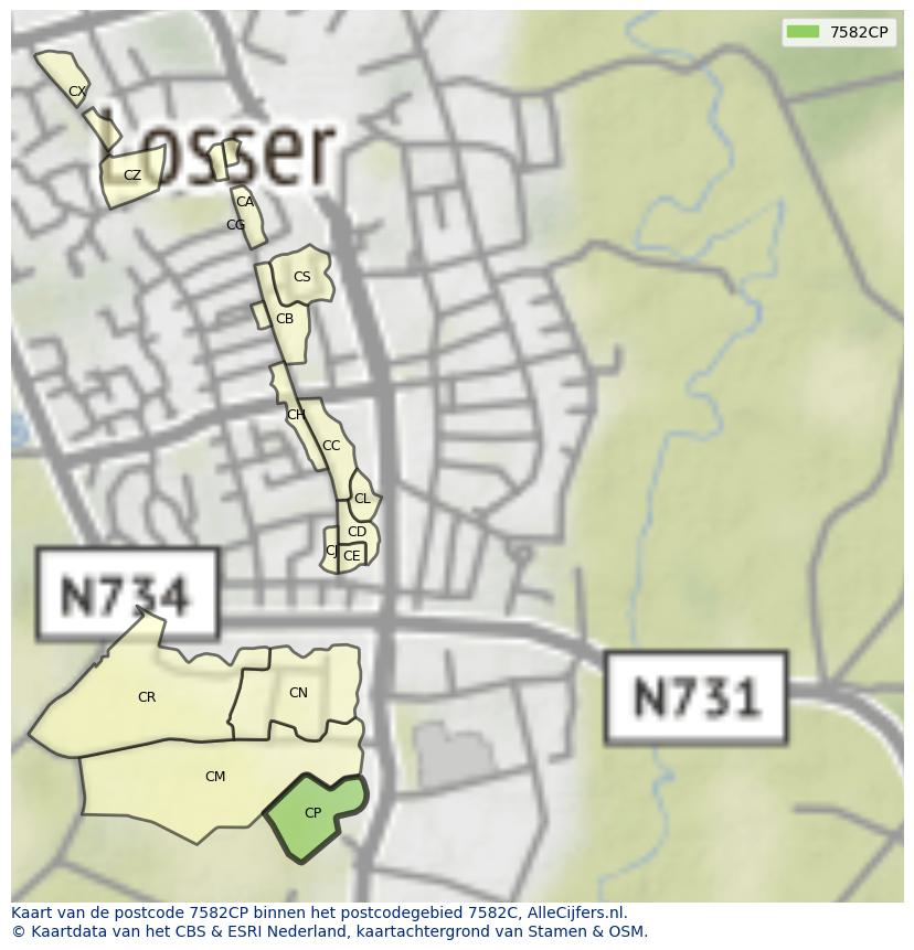 Afbeelding van het postcodegebied 7582 CP op de kaart.
