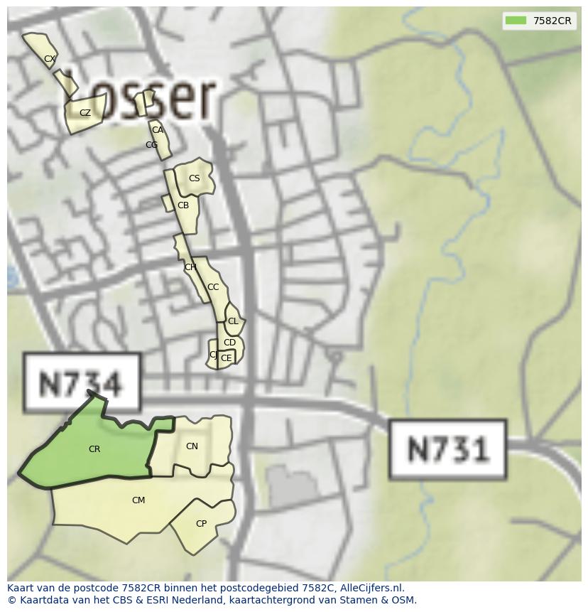 Afbeelding van het postcodegebied 7582 CR op de kaart.