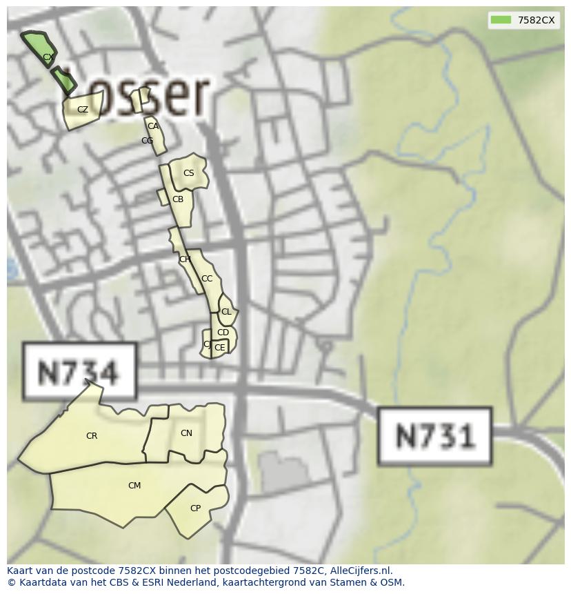 Afbeelding van het postcodegebied 7582 CX op de kaart.