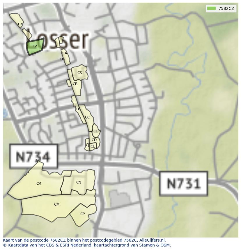 Afbeelding van het postcodegebied 7582 CZ op de kaart.