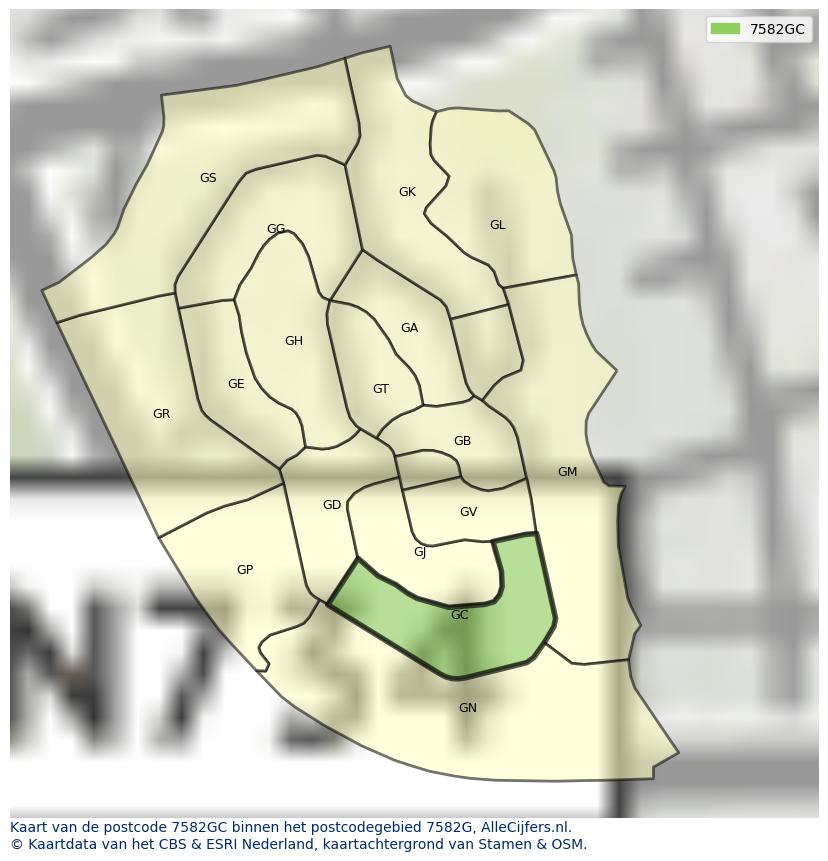 Afbeelding van het postcodegebied 7582 GC op de kaart.