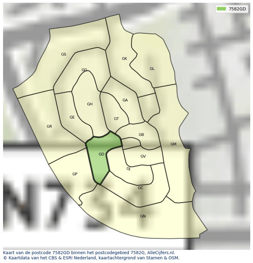 Afbeelding van het postcodegebied 7582 GD op de kaart.