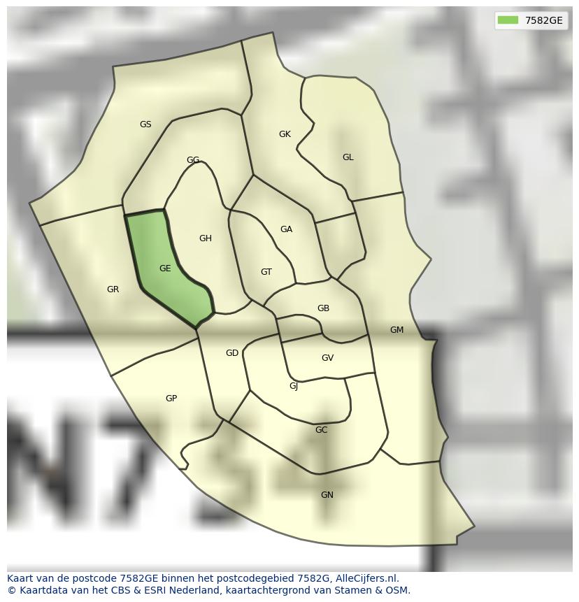 Afbeelding van het postcodegebied 7582 GE op de kaart.