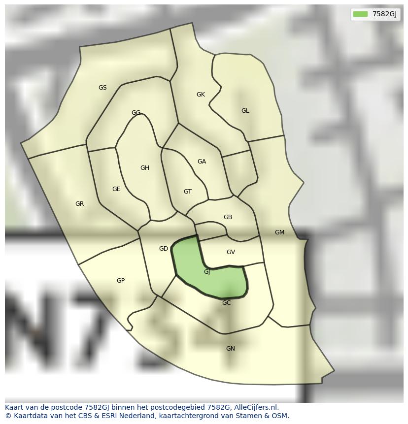 Afbeelding van het postcodegebied 7582 GJ op de kaart.