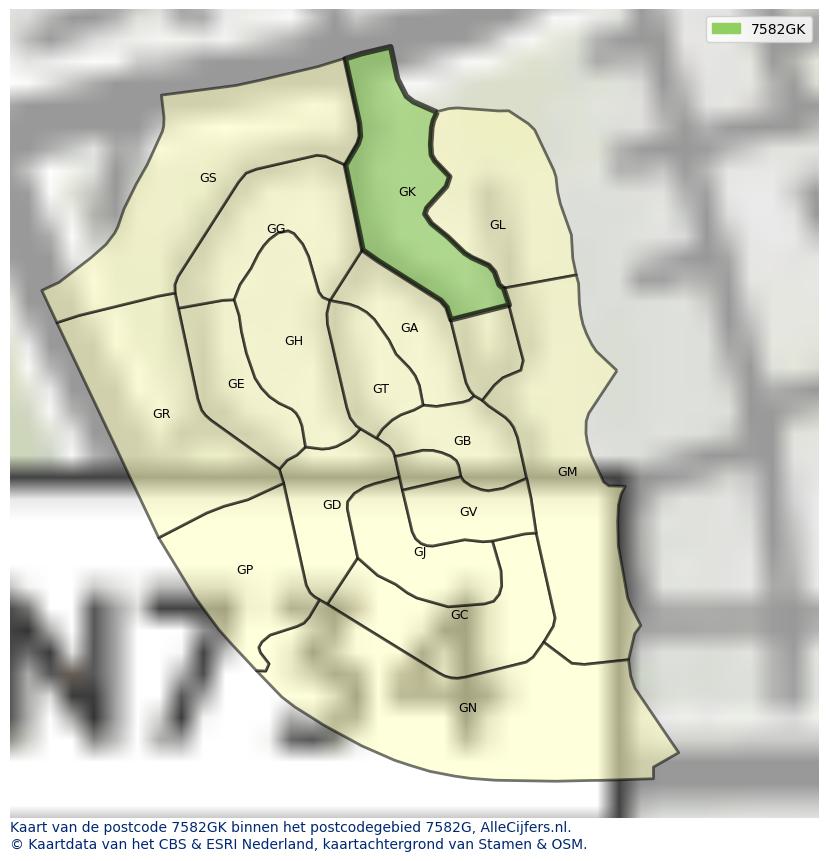 Afbeelding van het postcodegebied 7582 GK op de kaart.