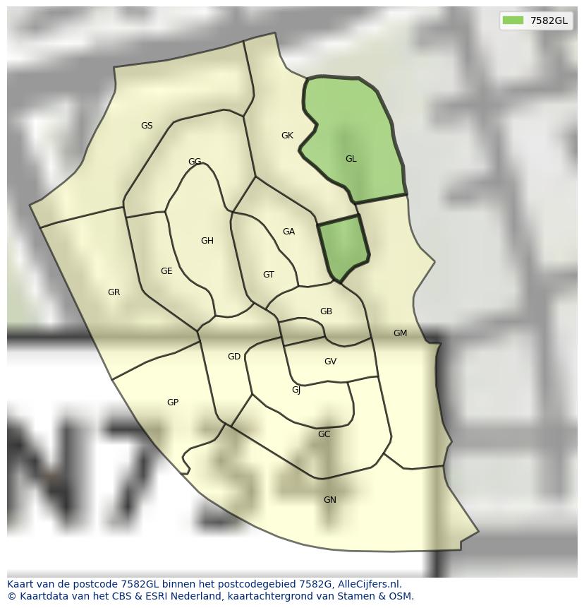 Afbeelding van het postcodegebied 7582 GL op de kaart.