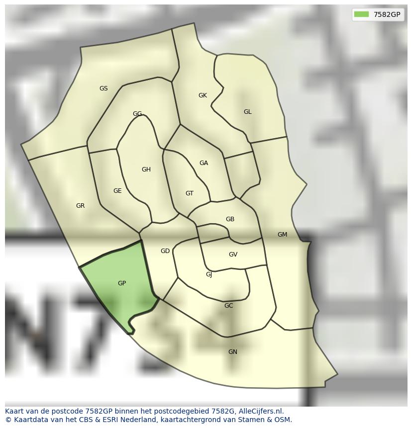 Afbeelding van het postcodegebied 7582 GP op de kaart.