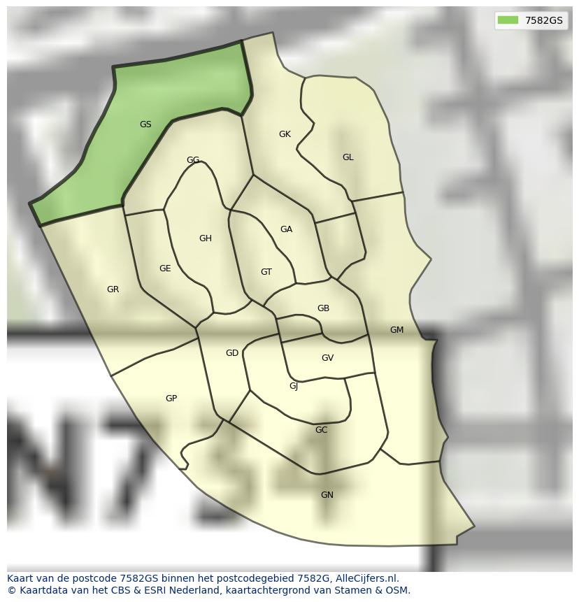 Afbeelding van het postcodegebied 7582 GS op de kaart.