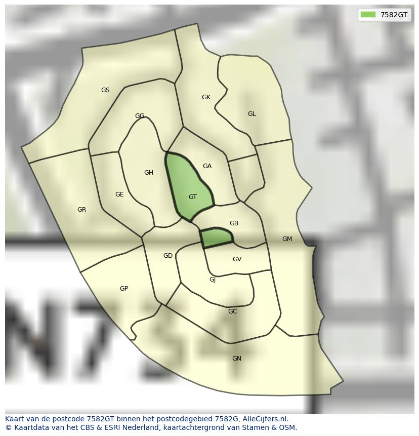 Afbeelding van het postcodegebied 7582 GT op de kaart.