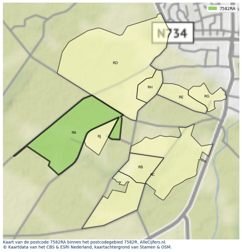 Afbeelding van het postcodegebied 7582 RA op de kaart.