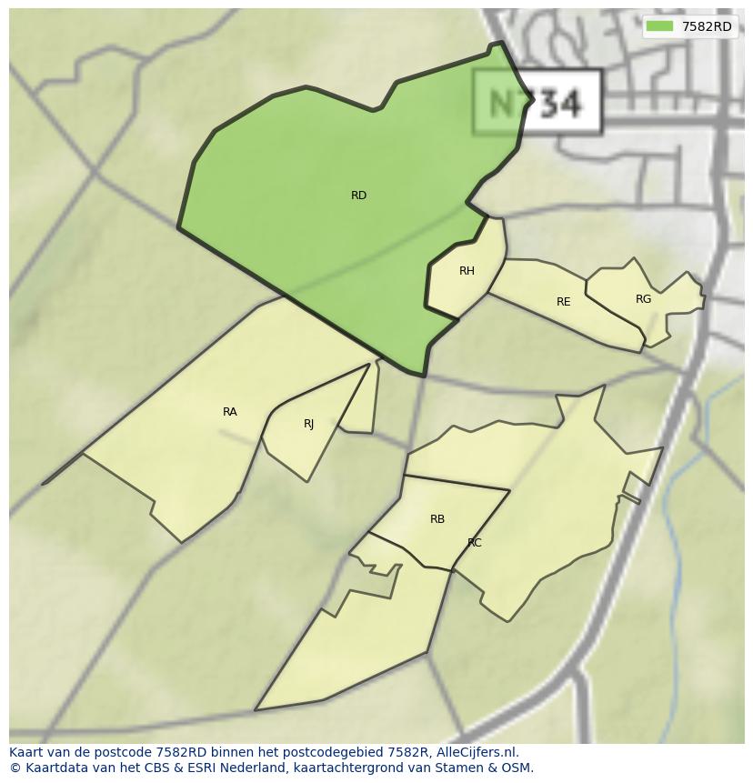 Afbeelding van het postcodegebied 7582 RD op de kaart.