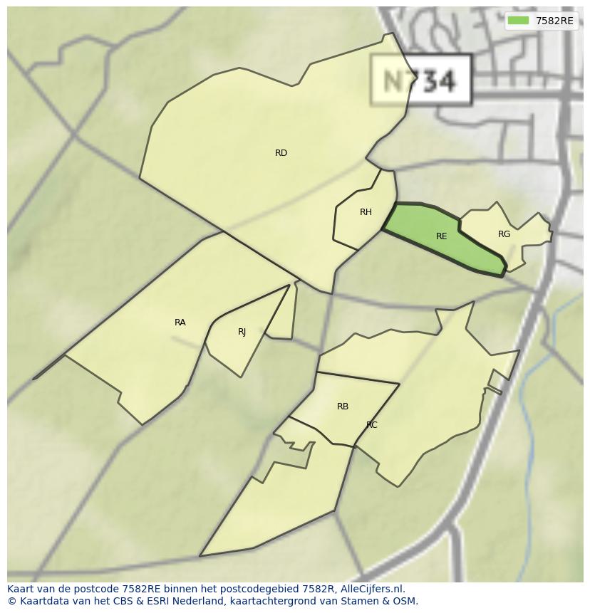 Afbeelding van het postcodegebied 7582 RE op de kaart.
