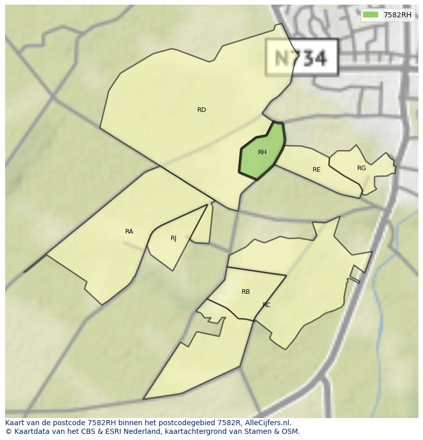 Afbeelding van het postcodegebied 7582 RH op de kaart.