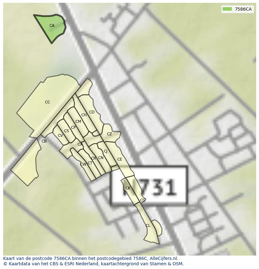 Afbeelding van het postcodegebied 7586 CA op de kaart.