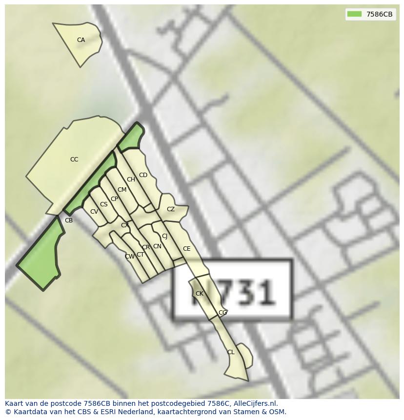 Afbeelding van het postcodegebied 7586 CB op de kaart.