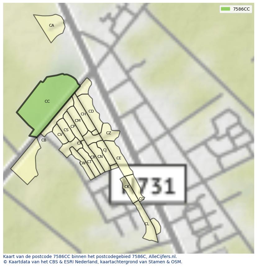 Afbeelding van het postcodegebied 7586 CC op de kaart.