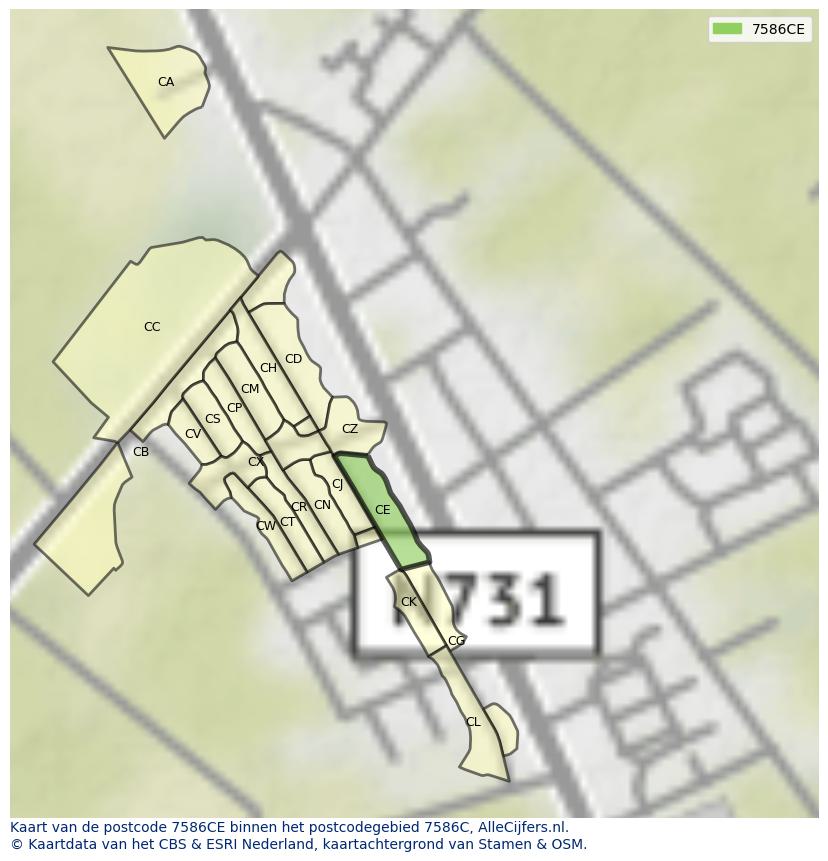 Afbeelding van het postcodegebied 7586 CE op de kaart.