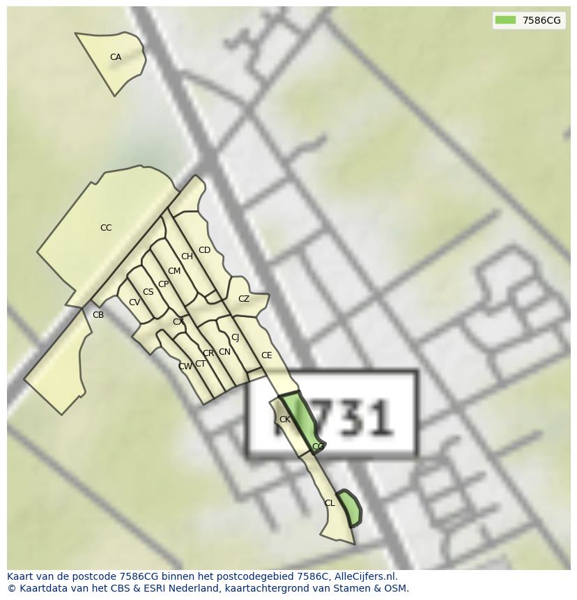 Afbeelding van het postcodegebied 7586 CG op de kaart.