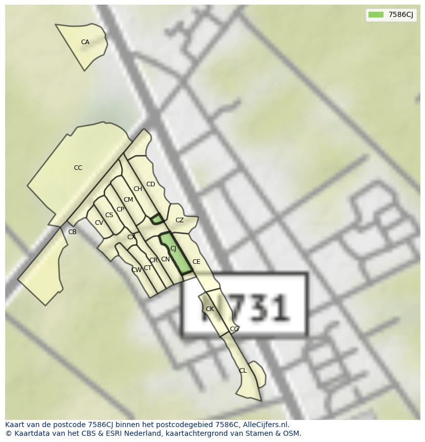 Afbeelding van het postcodegebied 7586 CJ op de kaart.