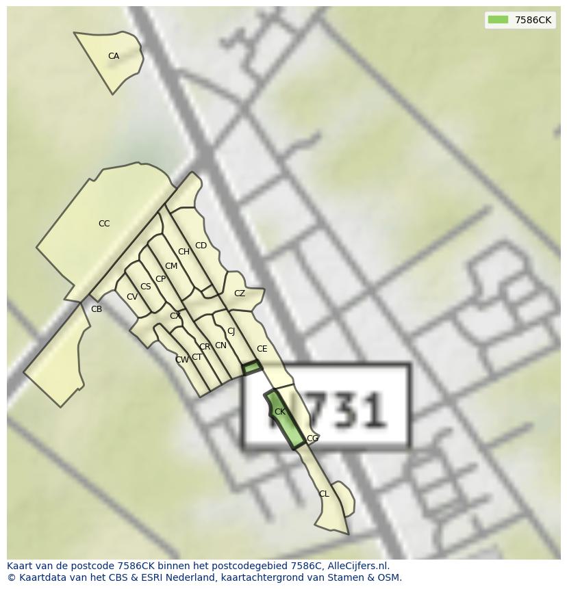 Afbeelding van het postcodegebied 7586 CK op de kaart.