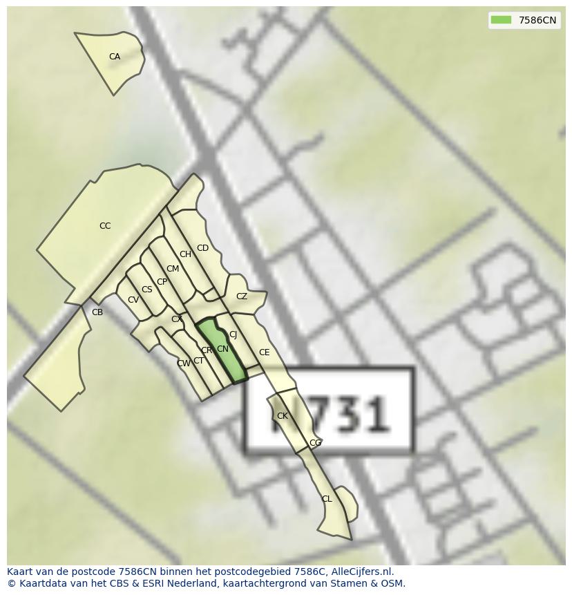 Afbeelding van het postcodegebied 7586 CN op de kaart.