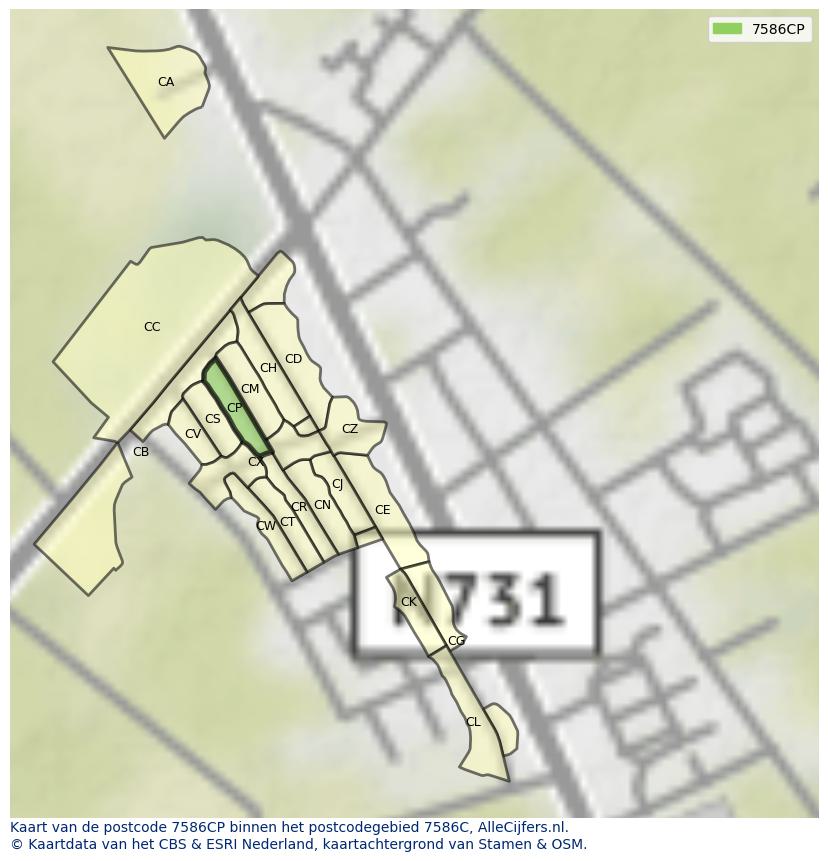 Afbeelding van het postcodegebied 7586 CP op de kaart.