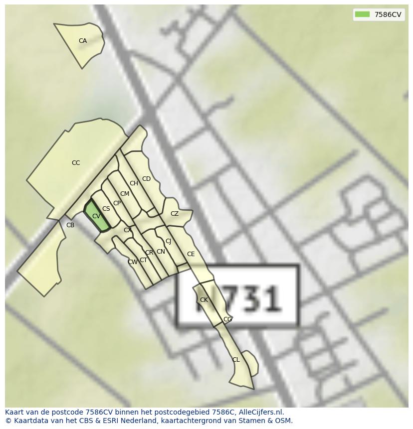 Afbeelding van het postcodegebied 7586 CV op de kaart.