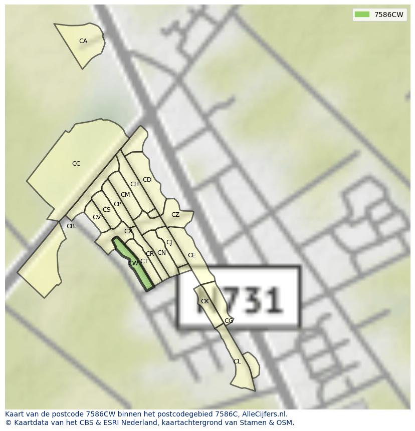 Afbeelding van het postcodegebied 7586 CW op de kaart.