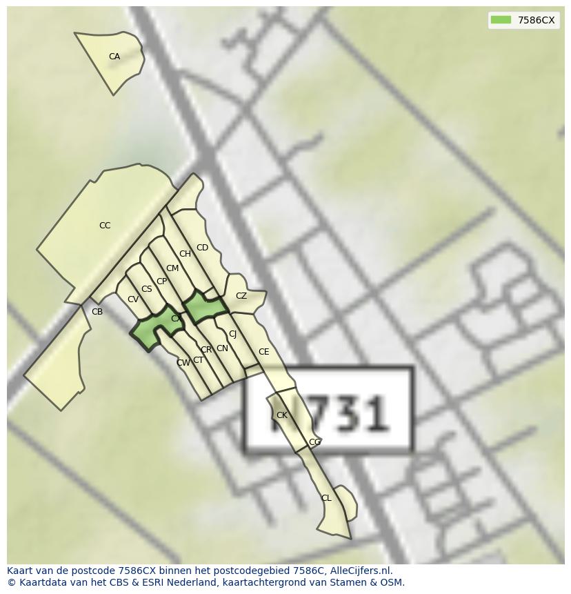 Afbeelding van het postcodegebied 7586 CX op de kaart.