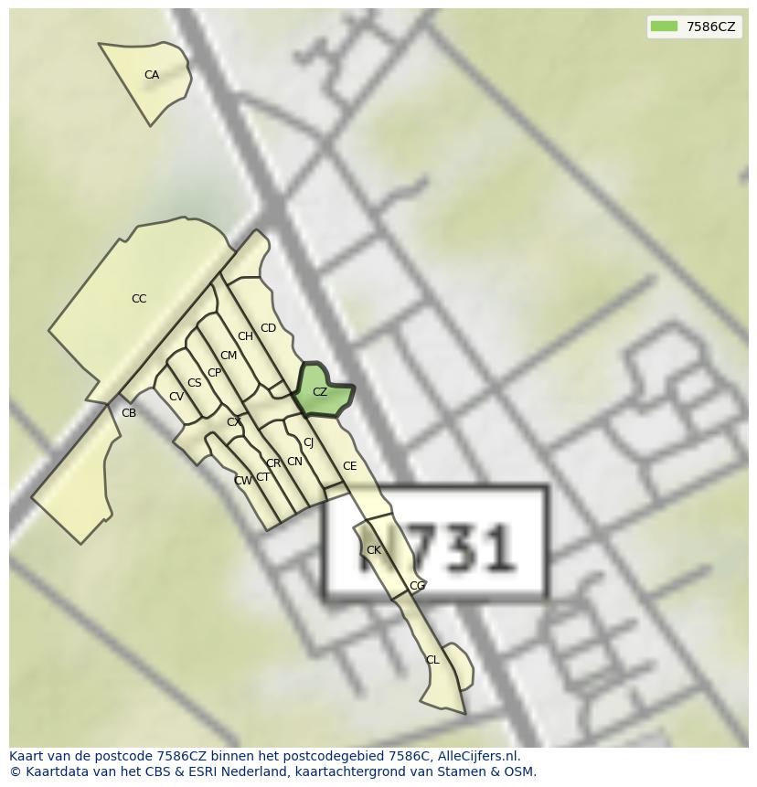 Afbeelding van het postcodegebied 7586 CZ op de kaart.