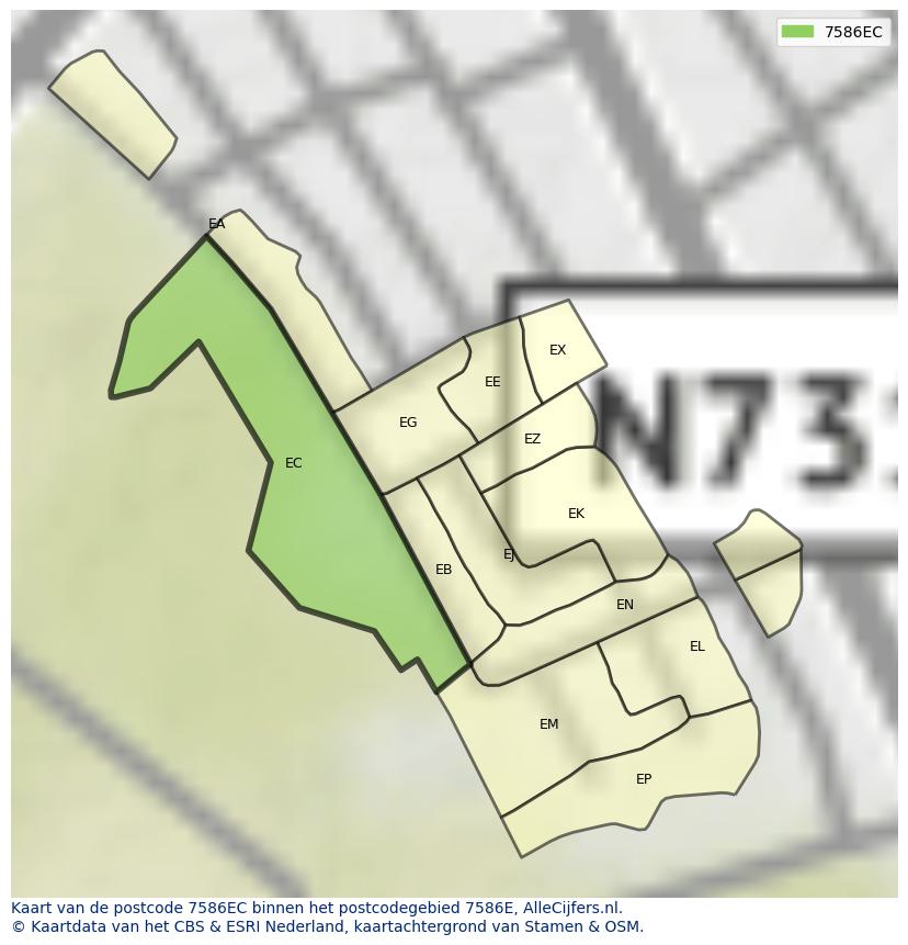 Afbeelding van het postcodegebied 7586 EC op de kaart.