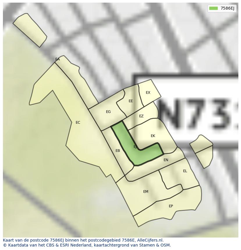 Afbeelding van het postcodegebied 7586 EJ op de kaart.