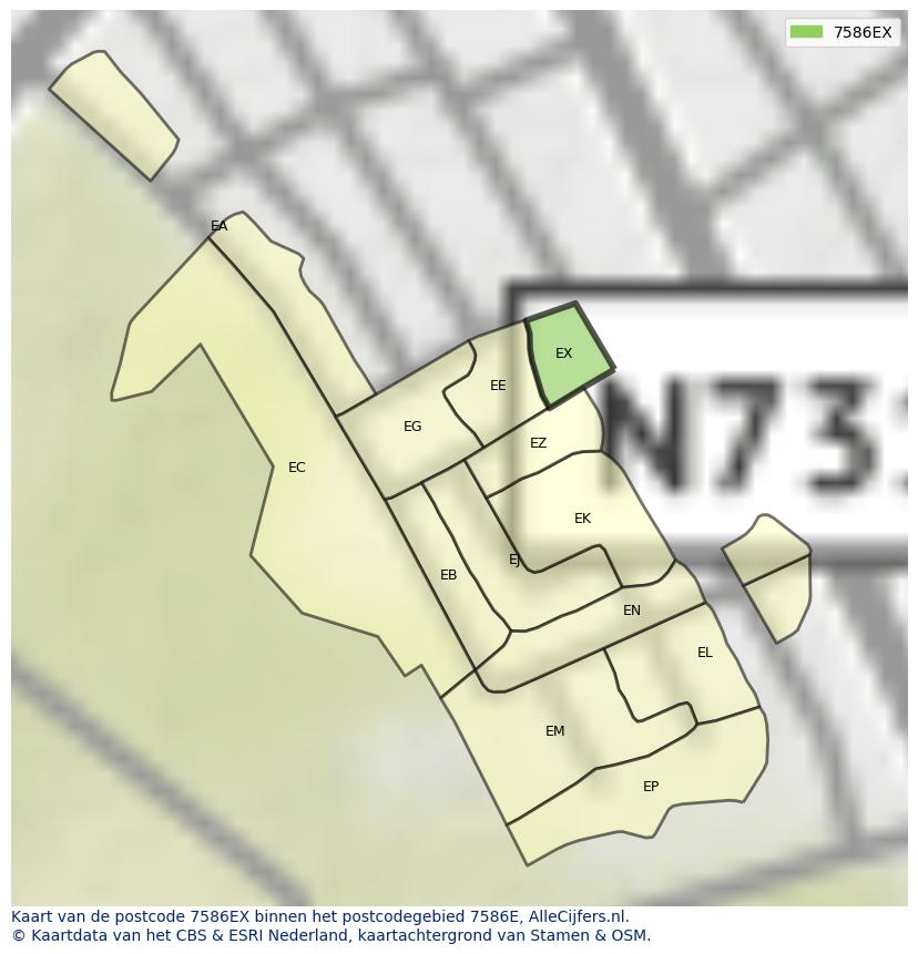Afbeelding van het postcodegebied 7586 EX op de kaart.
