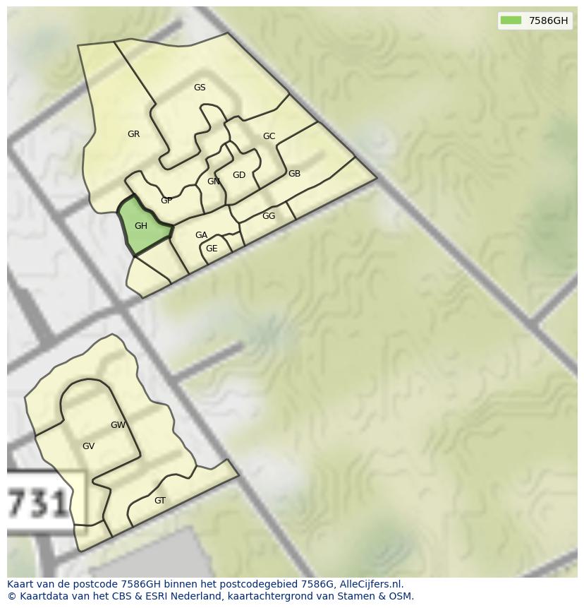 Afbeelding van het postcodegebied 7586 GH op de kaart.