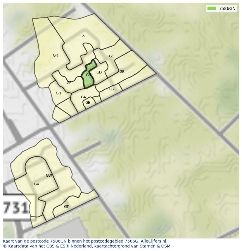 Afbeelding van het postcodegebied 7586 GN op de kaart.
