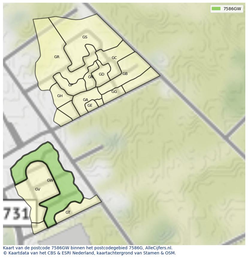 Afbeelding van het postcodegebied 7586 GW op de kaart.