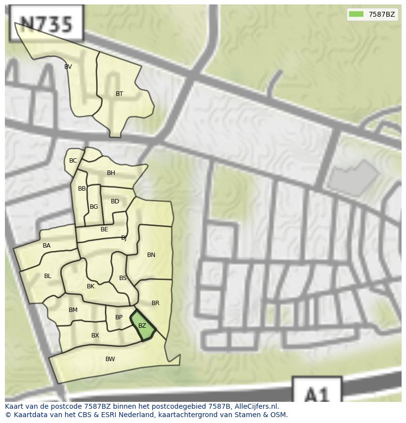 Afbeelding van het postcodegebied 7587 BZ op de kaart.