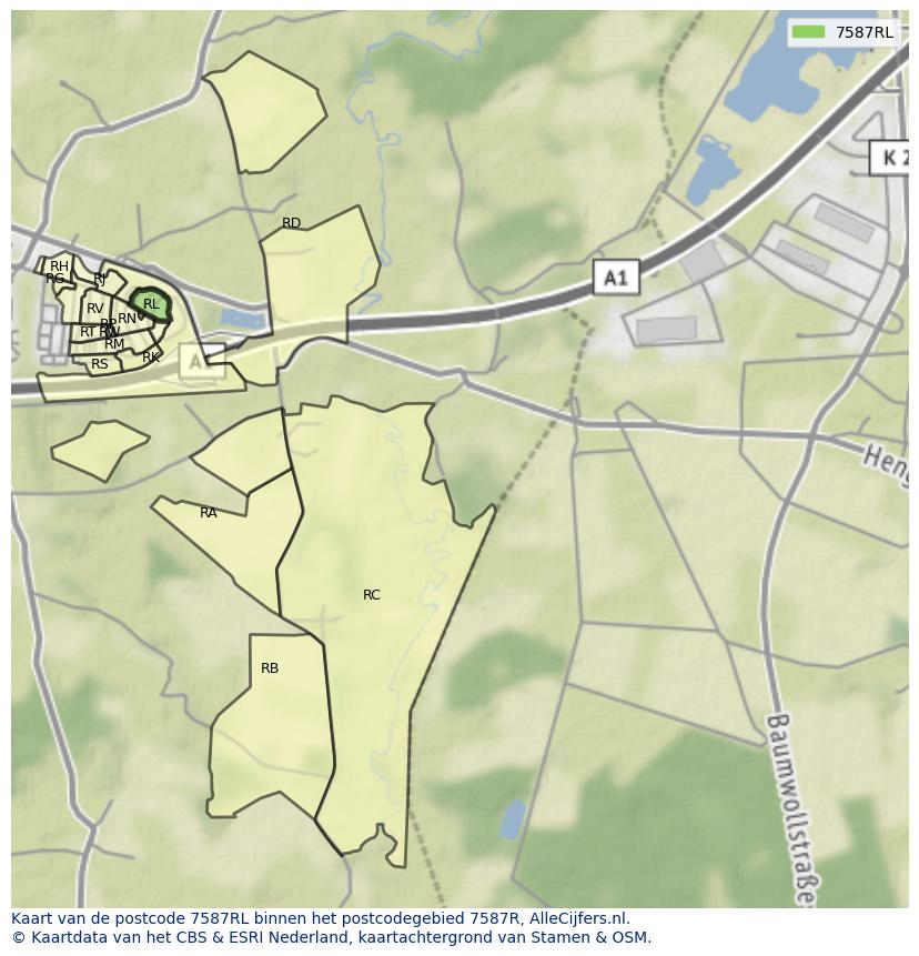 Afbeelding van het postcodegebied 7587 RL op de kaart.
