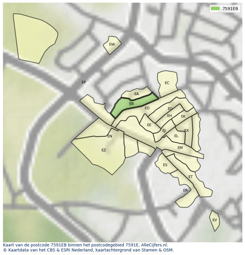 Afbeelding van het postcodegebied 7591 EB op de kaart.