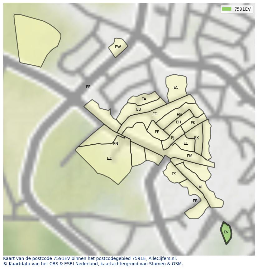 Afbeelding van het postcodegebied 7591 EV op de kaart.