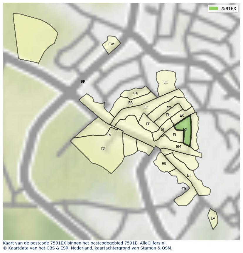 Afbeelding van het postcodegebied 7591 EX op de kaart.
