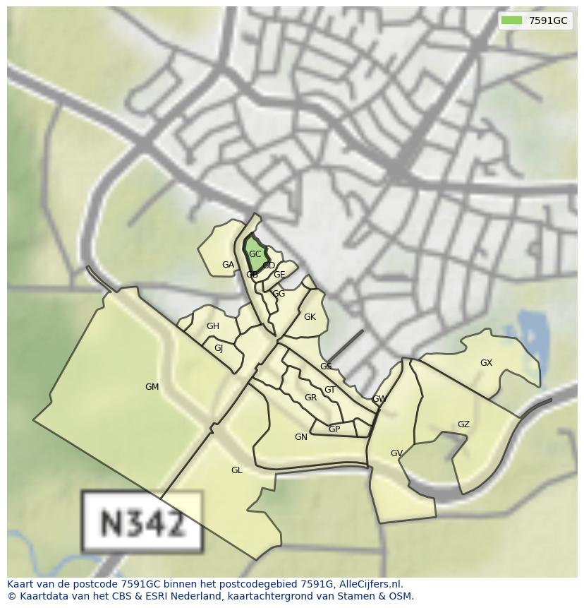 Afbeelding van het postcodegebied 7591 GC op de kaart.