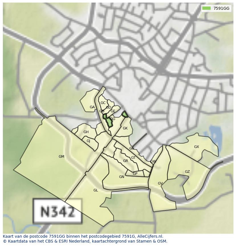 Afbeelding van het postcodegebied 7591 GG op de kaart.