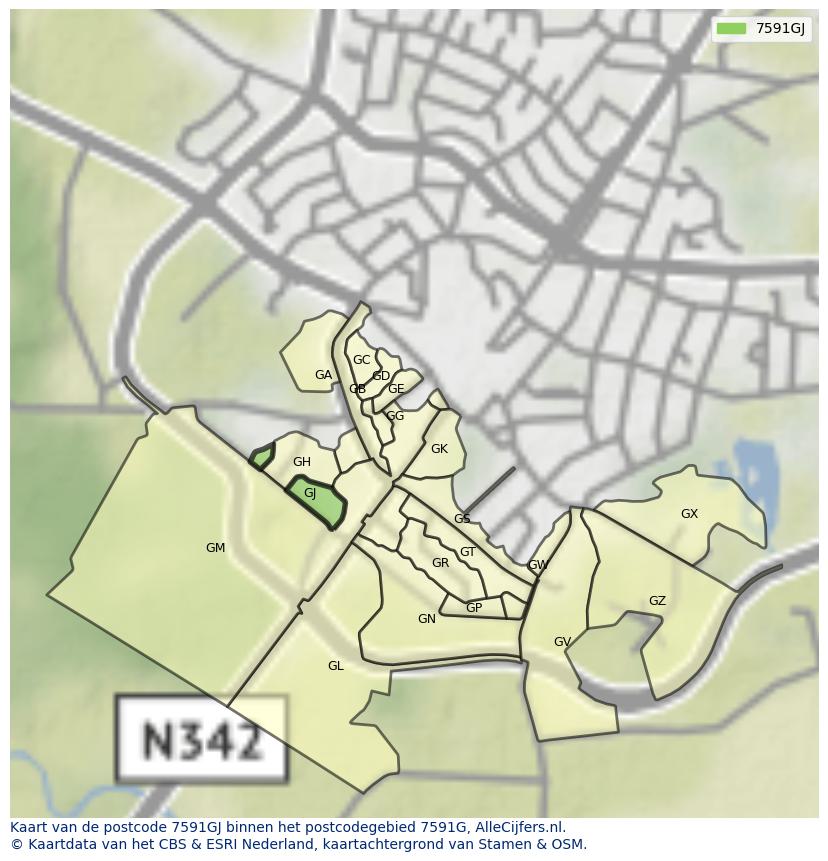 Afbeelding van het postcodegebied 7591 GJ op de kaart.
