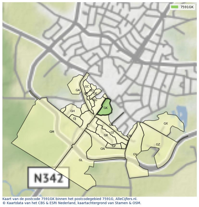 Afbeelding van het postcodegebied 7591 GK op de kaart.