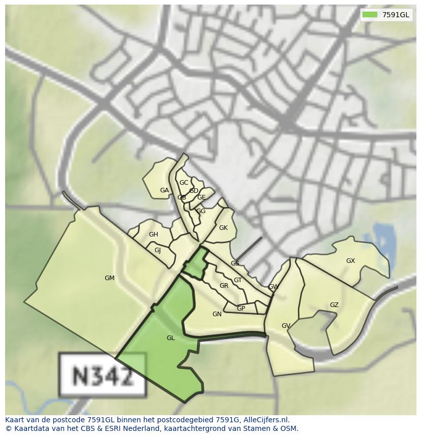 Afbeelding van het postcodegebied 7591 GL op de kaart.